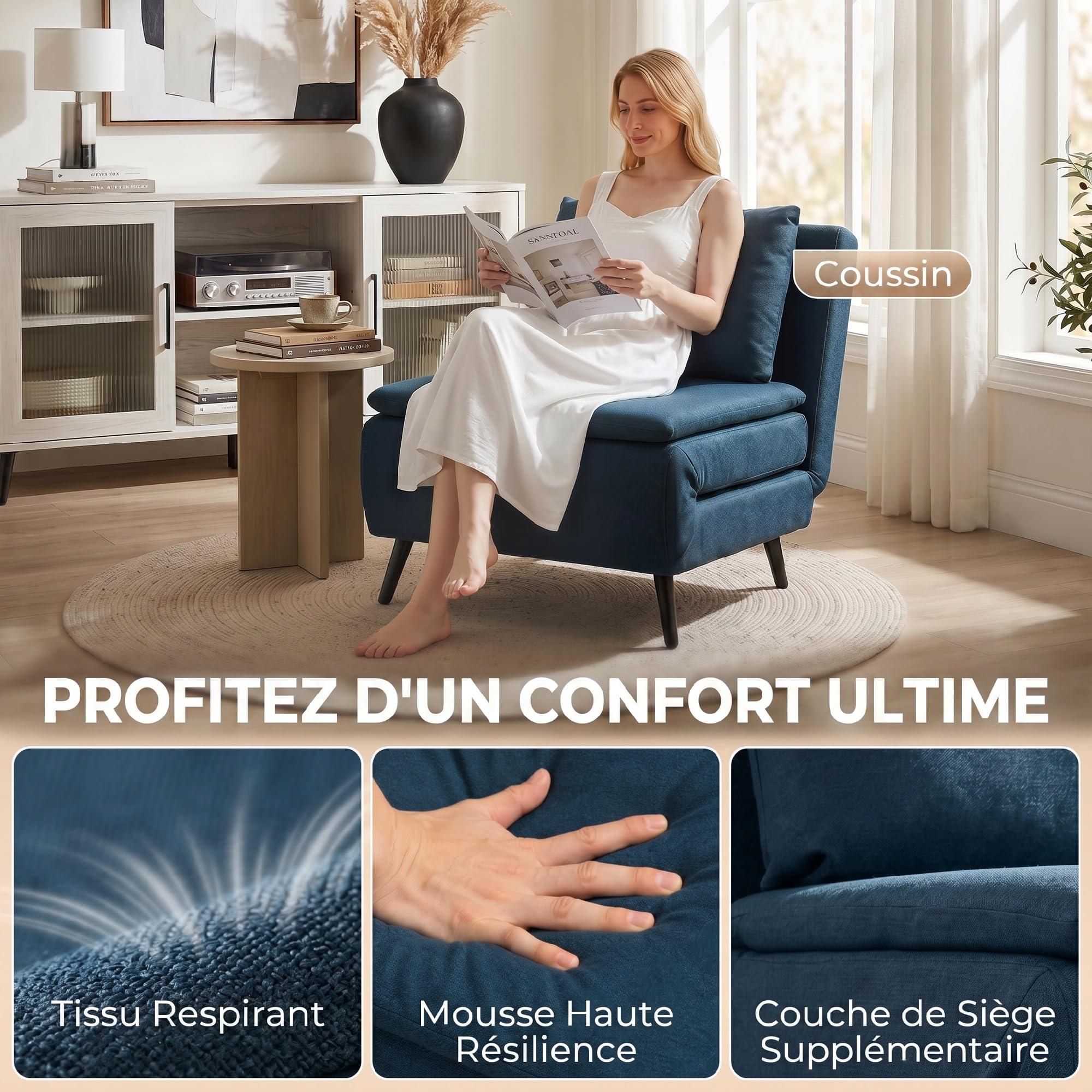 HOMCOM Fauteuil Convertible 1 Place 3 en 1 Oreiller 75 x 188 cm Bleu
