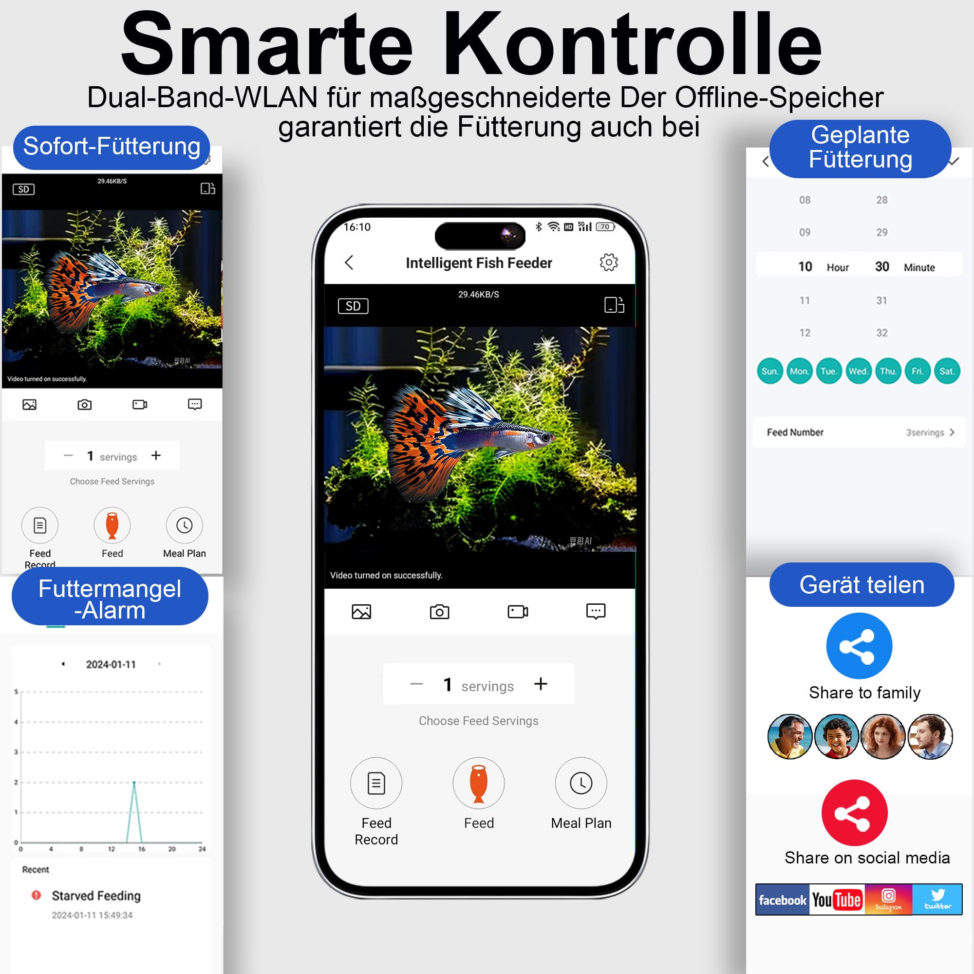 WiFi Futterautomat Aquarium mit 2,5K Kamera, 2,4/5G Smart App, 0,2g Präzision für Flockenfutter, 200ML Feuchtigkeitsschutz, Sicherer Automatischer Fischfutterautomat für Urlaub & Alltag
