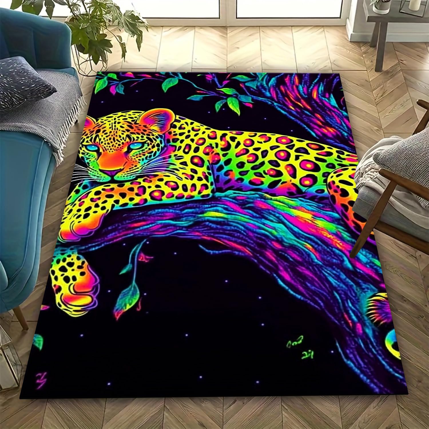 Tapis moderne salon léopard 3D antidérapant moelleux et facile à nettoyer