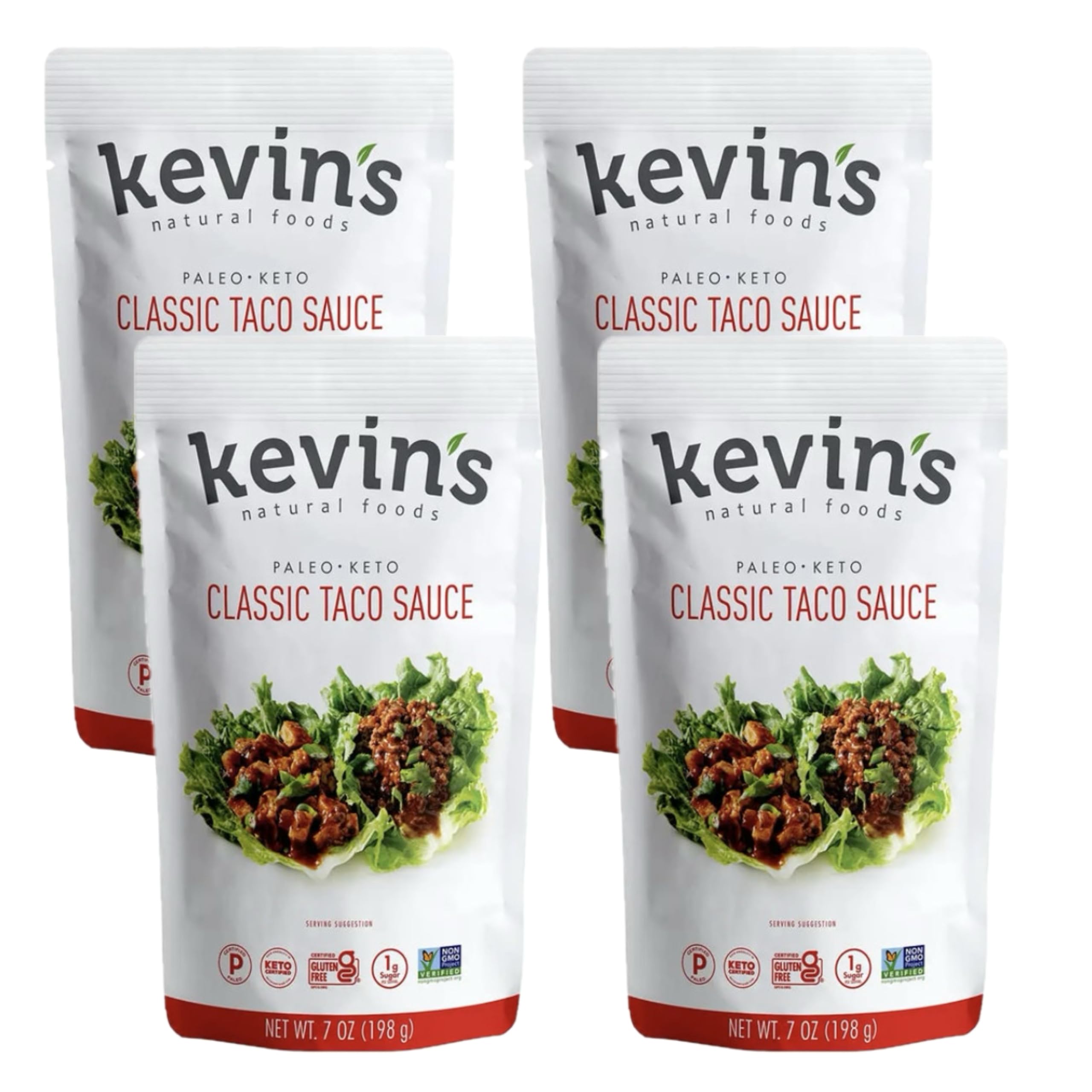 Kevin’s Keto and Paleo Friendly Classic Taco 4 Pack - Natural Foods No Refined Sugar, Vegetarian & Gluten Free: 4 Simmer Sauce Pouches. Use with Ground Beef/Turkey, or Your Favorite Meat Substitute.