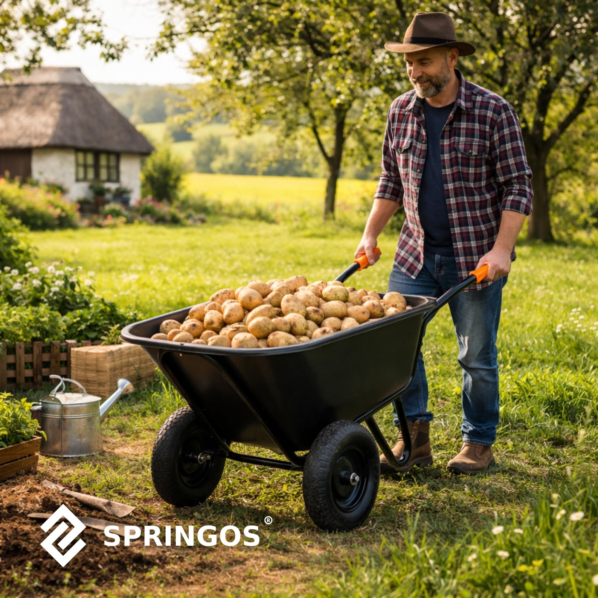 SPRINGOS - Brouette de jardin 300 litres à deux roues, capacité 160 kg, roues pneumatiques, bac en plastique, montage facile, pour travaux de jardinage et de construction