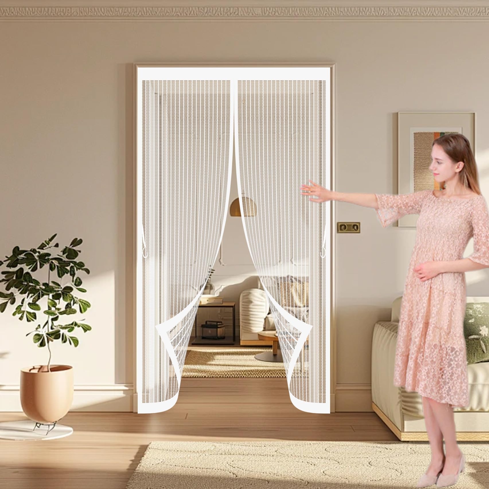 Xueqxue White Magnetic Screen Door 116 X 135 Cm Automatically Close, No Gap, Easy To Install Without Drilling, Keep Bugs Out Lets Fresh Air In Magnetic Fly Curtain For Patio Doors Bedroom,