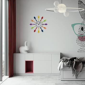 Clockswise Bulk Set of 10PC 14" Oversized Decorative 3D Cutlery Utensil Spoon and Fork Wall Clock, Multicolor Design for Vibrant Kitchen, Playroom, or Bedroom Decor, Battery-Operated Silent Sweep,