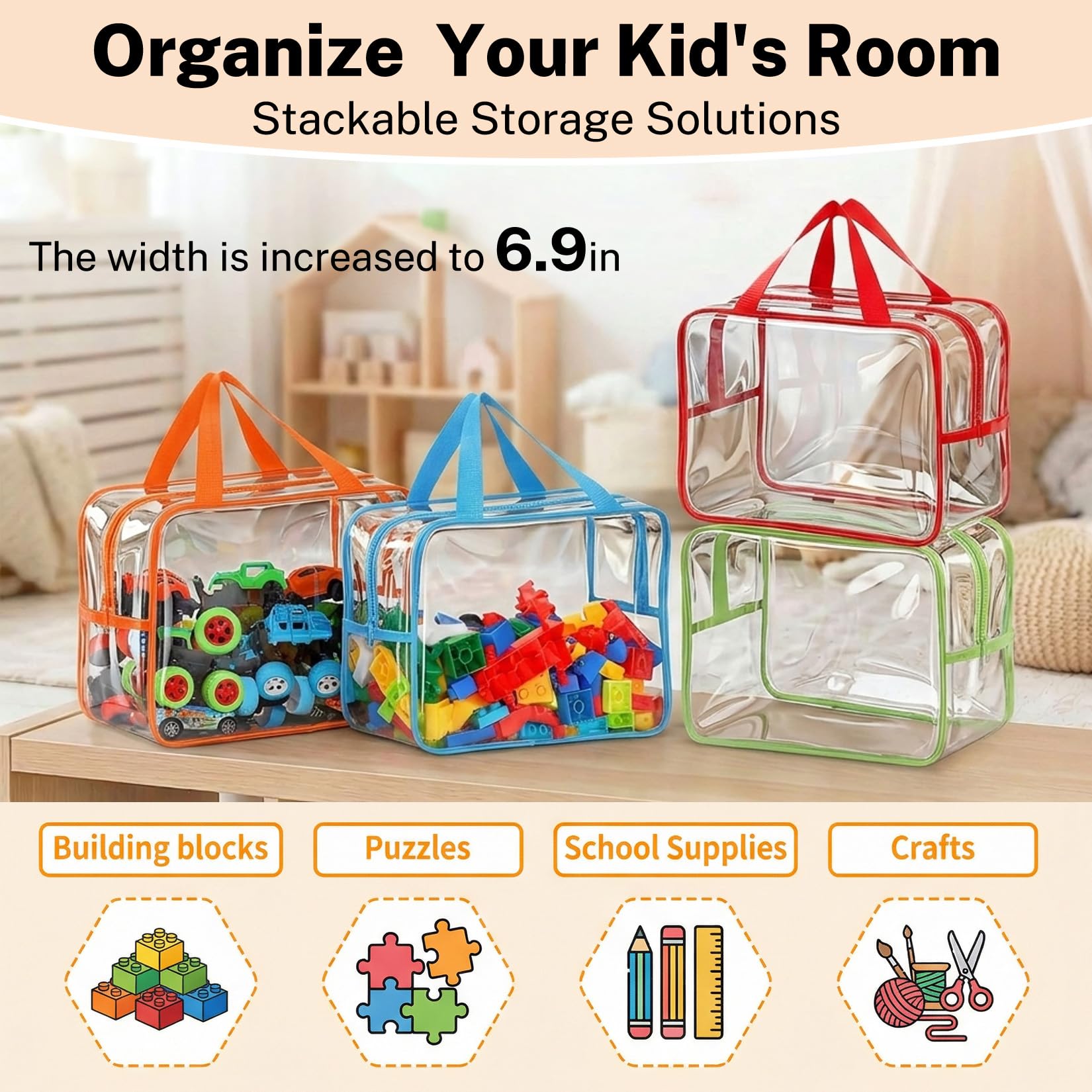 Confezione da 6 sacchetti grandi per giocattoli, riutilizzabili, in PVC trasparente, con cerniera, impermeabili, organizer da viaggio, per puzzle, blocchi da costruzione, giochi da tavolo, libri per