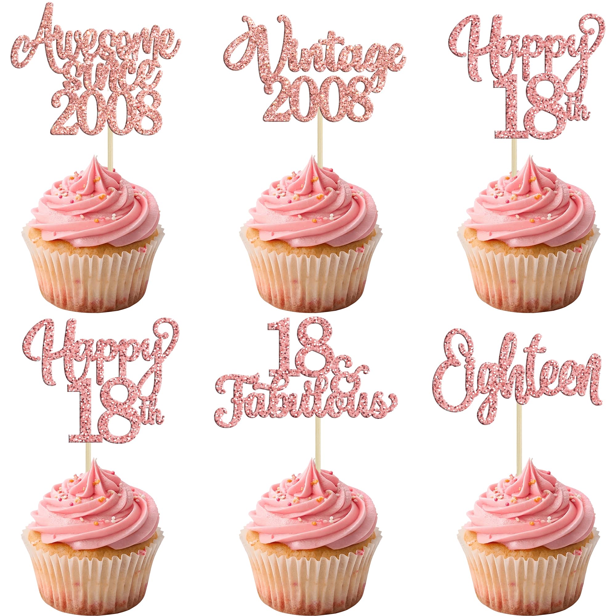 30Pcs Vintage 2008 Cupcake Toppers Glitter Eighteen 18 Fabulous Happy 18th Birthday Cupcake Picks Cheers to 18 Years for 18th Birthday Anniversary