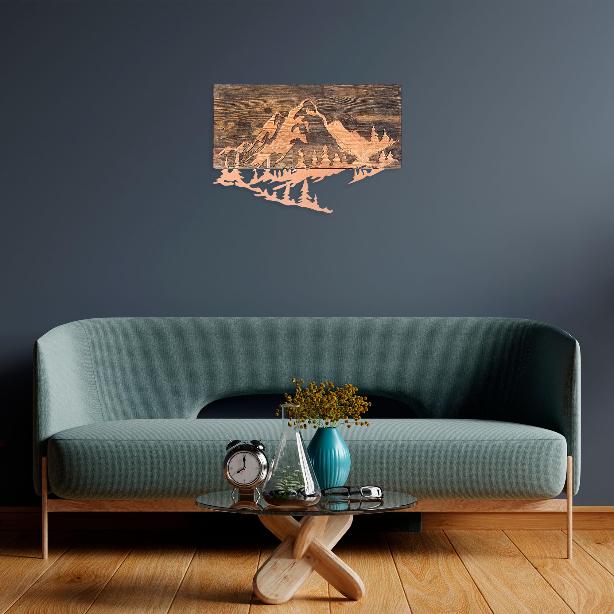 Elegant Decorative Wooden Wall Accessory, 38 x 58 cm, 50% Real Wood (3 cm) & Metal (1.5 mm), Unique Walnut & Copper Finish, Perfect for Home Décor
