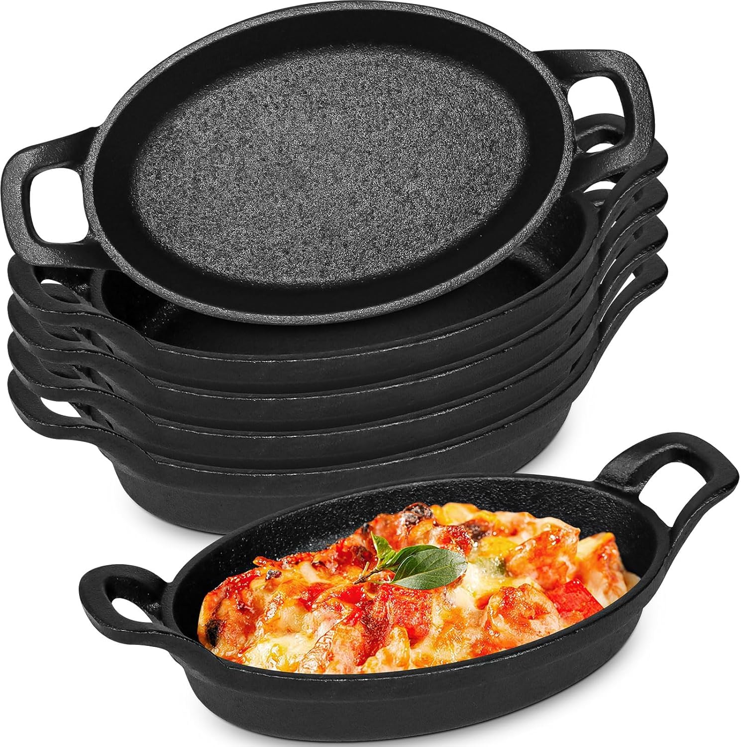 Lot de 6 mini poêles ovales en fonte 15,3 x 9,8 cm – Petites casseroles individuelles en fonte, plats à gratin, poêlons pour la cuisson, la pâtisserie, le grill ou le service à table