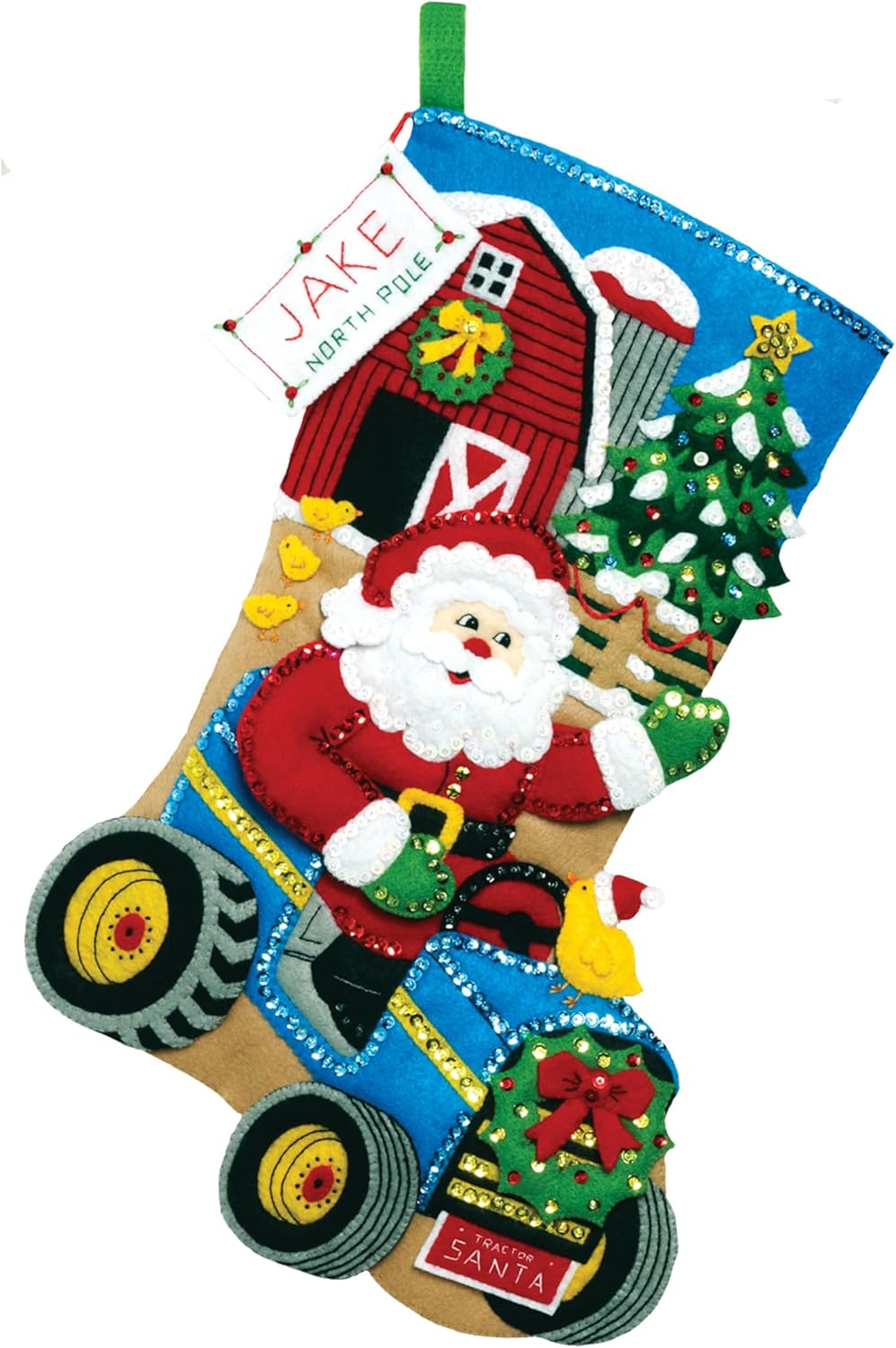 MerryStockings Christmas on The Farm Felt Stocking Kit – 18" DIY Appliqué Kit with Santa, Tractor & Farm Animals – Includes Pre-Stamped Felt, Sequins, Beads, DMC Floss, Needles & Instructions