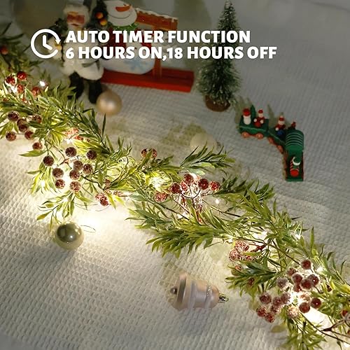 Miniatura 6 de Guirnalda de Navidad con luz, guirnalda de hojas de acebo con bayas rojas nevadas iluminadas para chimenea interior y exterior, decoración de