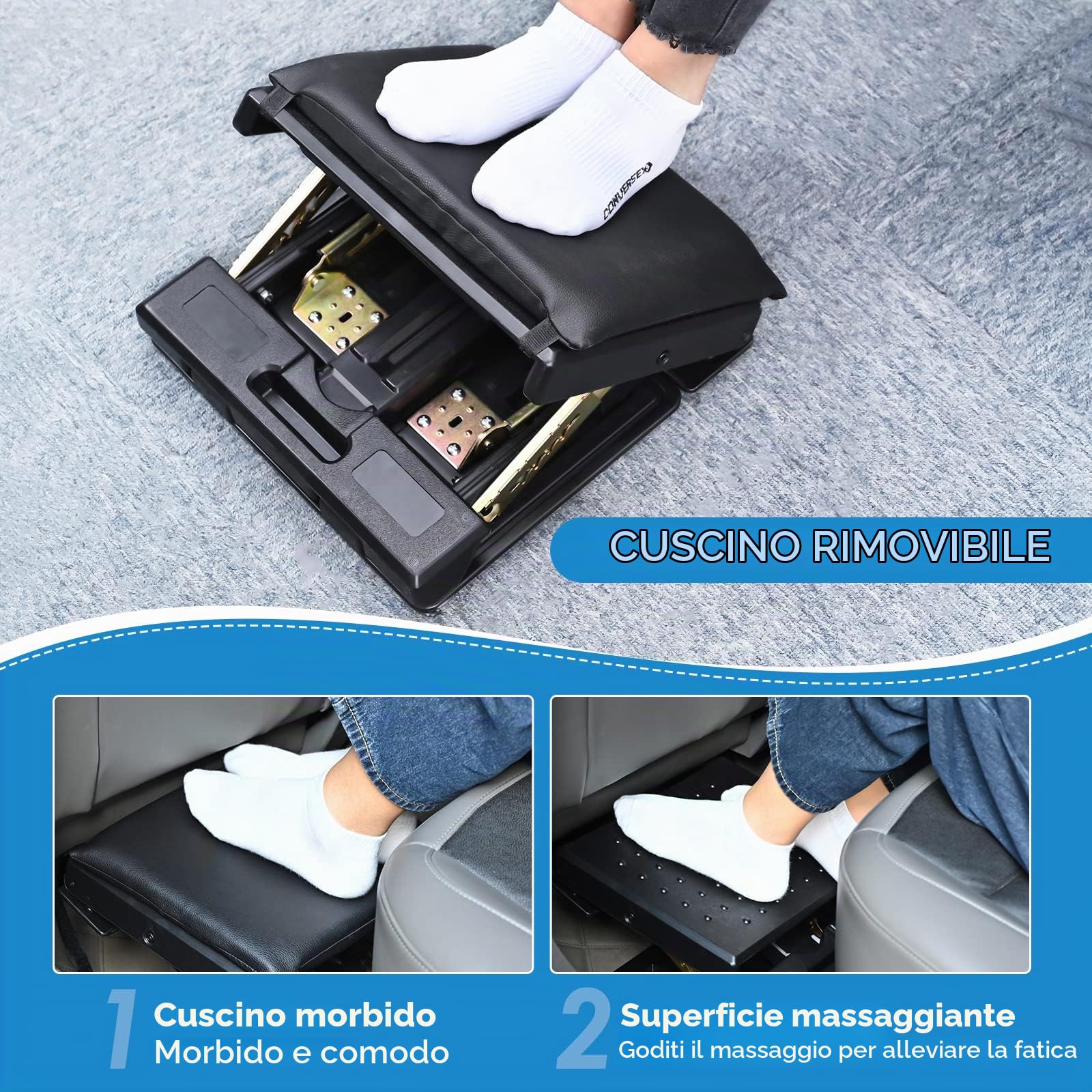 Poggiapiedi da Scrivania, Aomdom Poggia Piedi per Scrivania Regolabile con Funzione di Massaggio, Appoggia Piedi da Scrivania Ergonomico con Morbido Cuscino, Carico 120 lbs, per l'home Office
