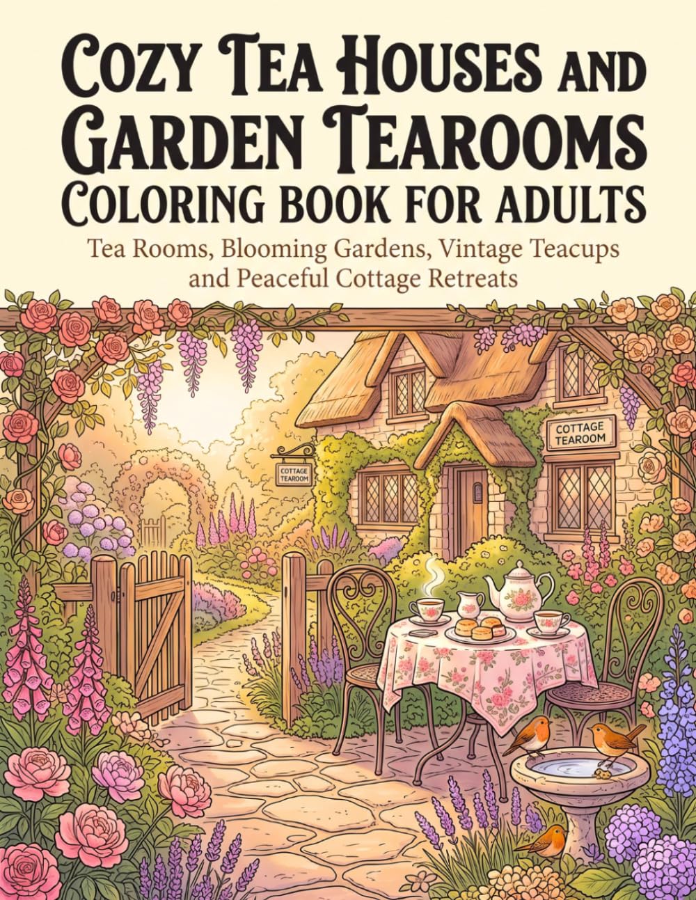 Cozy Tea Houses and Garden Tearooms Coloring Book for Adults: Tea Rooms, Blooming Gardens, Vintage Teacups and Peaceful Cottage Retreats