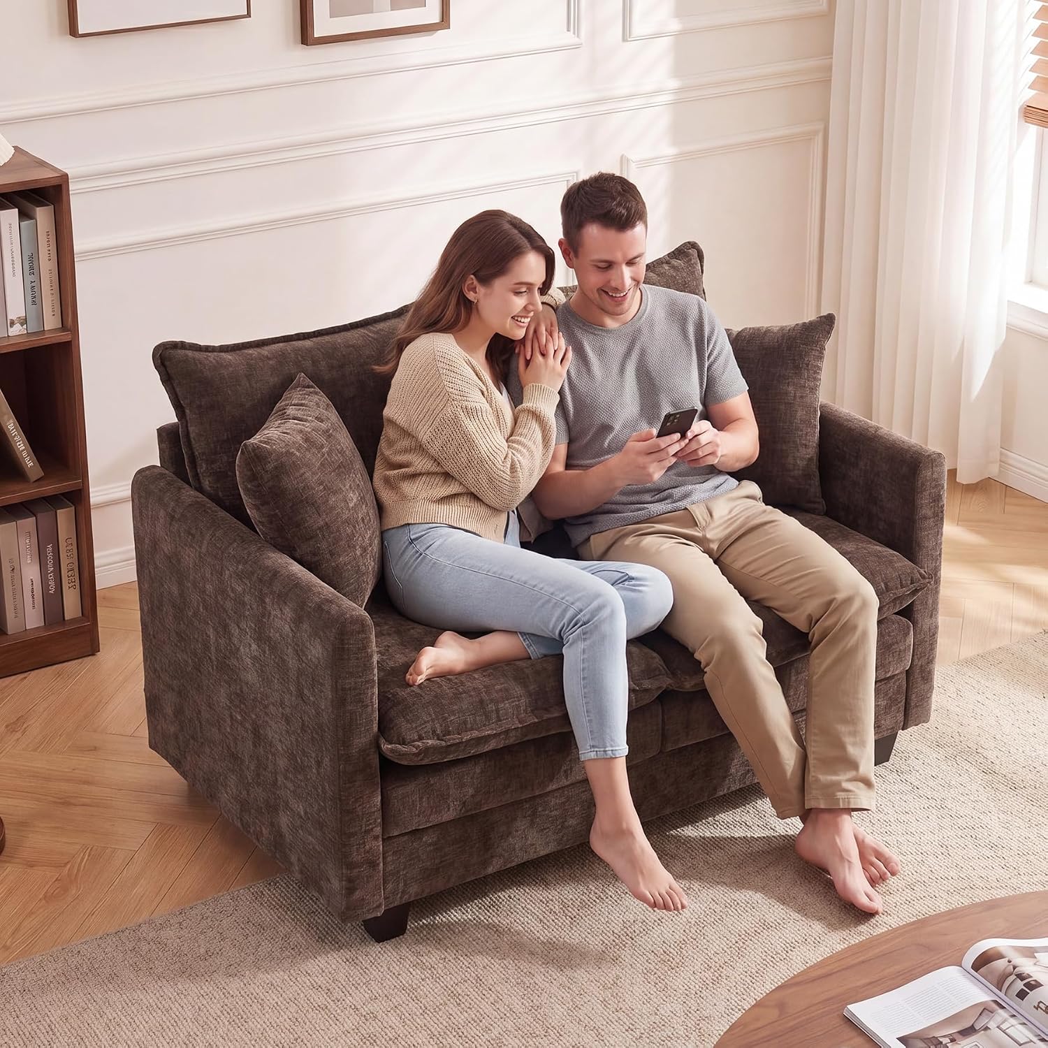 Loveseat Sofa Cloud Sofa Couch 50'', Modern Loveseats 2 Seat Couch 27" Deep Seat with 2 Pillows for Small Spaces Apartment Studio Office Bedroom Living Room 8834-BROWN thumbnail