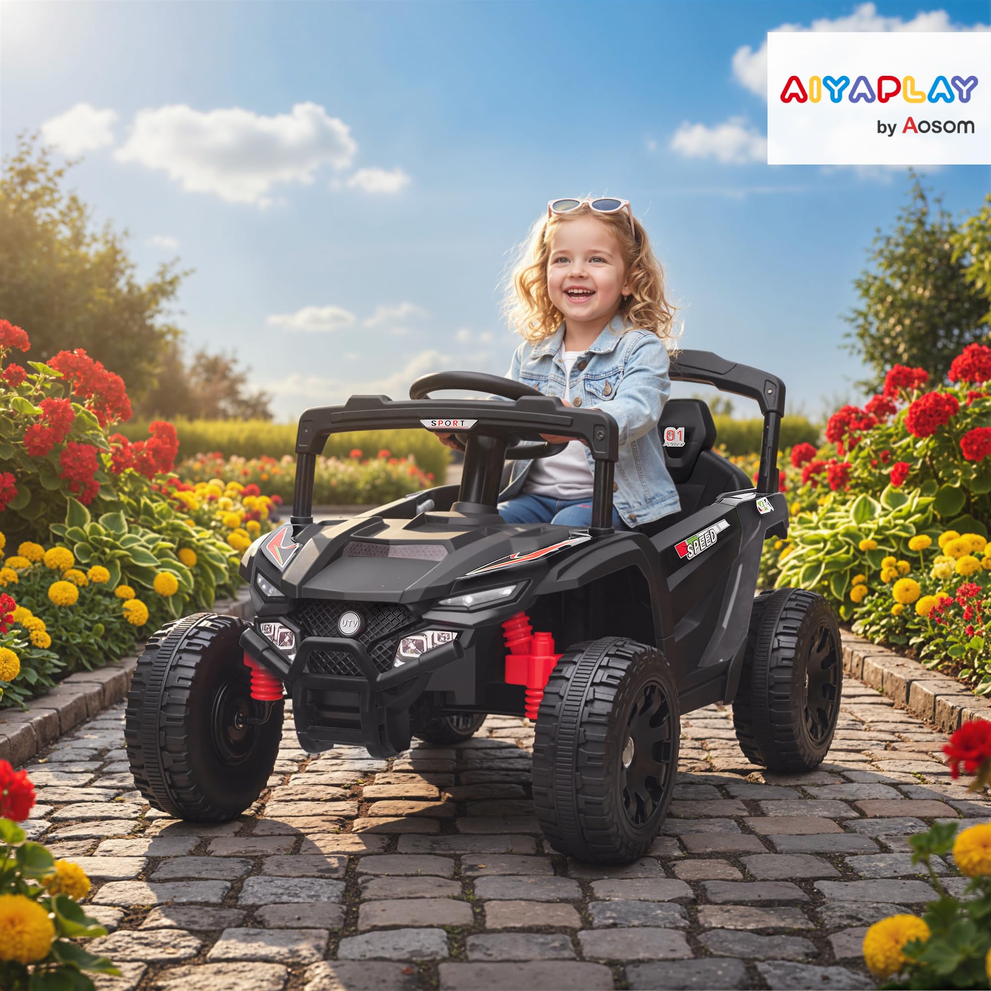 AIYAPLAY Coche Eléctrico para Niños 12V, UTV con 2 Motores, Control Remoto 2.4G, 3-5 km/h, Suspensión Trasera, Faros, Música, para Niños de 3-5 Años, Negro
