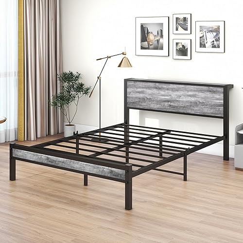 Miniatura 5 de DUMEE Base de cama Queen con cabecera de almacenamiento de madera, marcos de cama de plataforma de metal, tamaño Queen, no necesita somier, sin