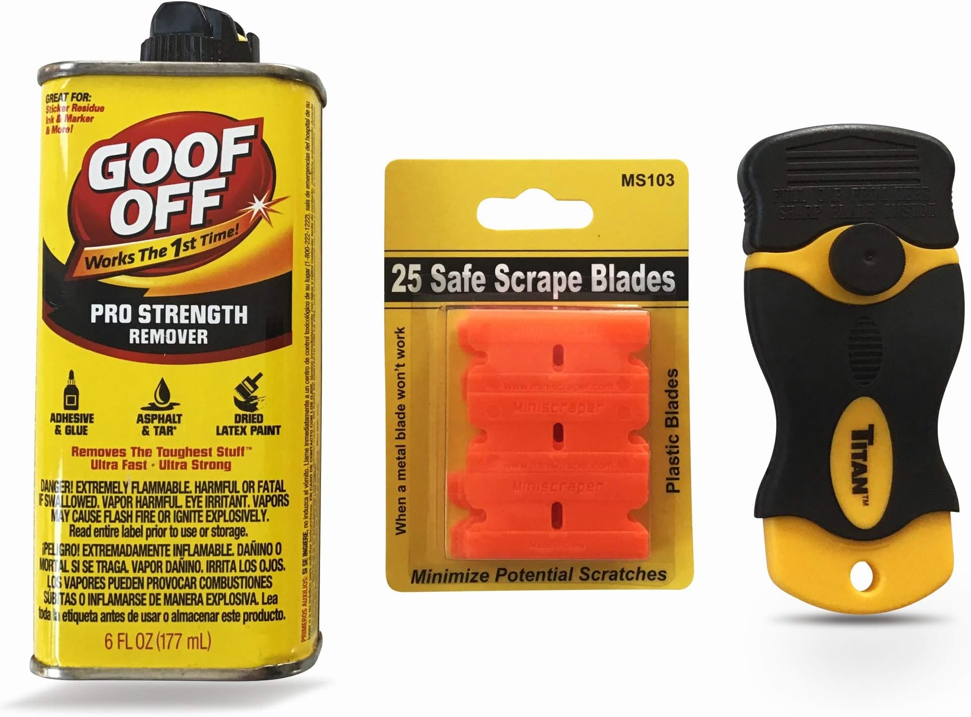 Goof Off Adhesive Removal Kit and Titan Mini Scraper / 25 Plastic Blades