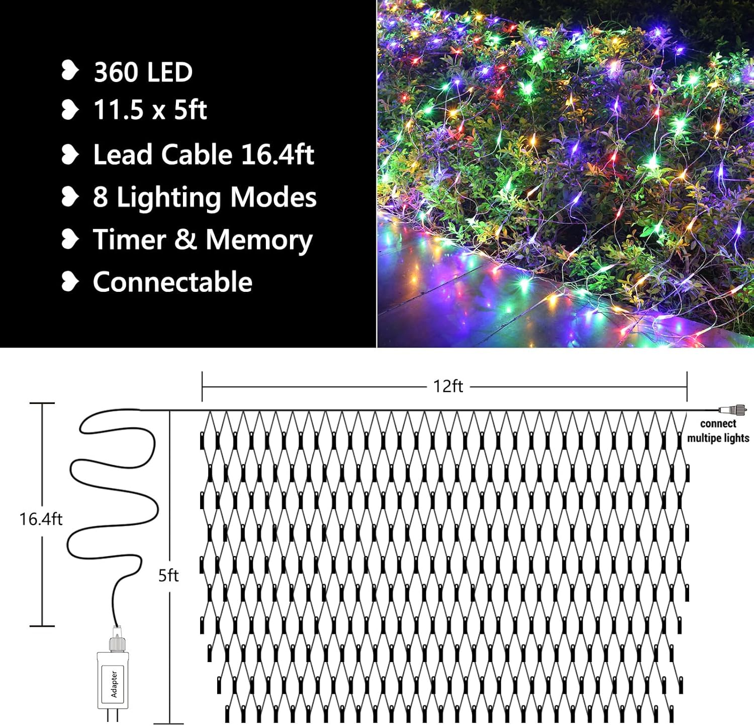 11.5ft x 5ft Christmas Net Lights Outdoor, 360 LED Net Lights with 8 Modes, Connectable, Timer, Waterproof Low Voltage Bush Mesh Fairy String Light for Yard Bush Christmas Indoor Decor (Multicolor)