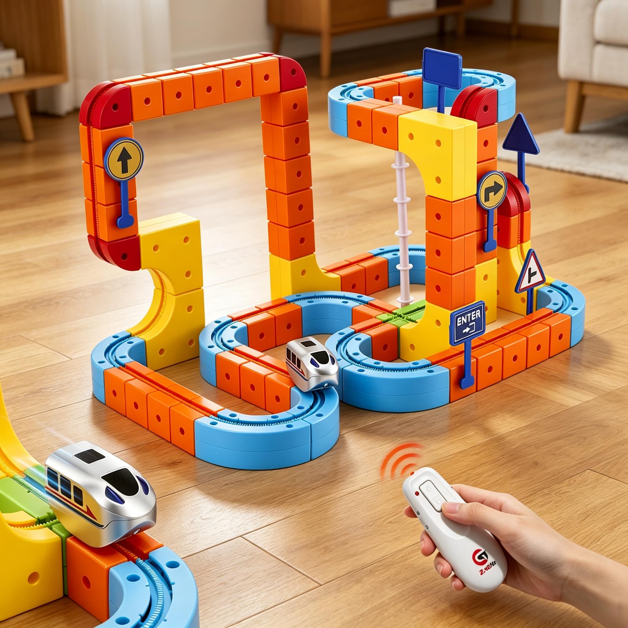Cube Track Set da 149 pezzi, set ferroviario elettrico con telecomando, 2 treni (1 telecomandato), flessibile 3D fai da te, difende la gravità, giocattolo per bambini di 3, 4, 5, 6, 7, 8 anni