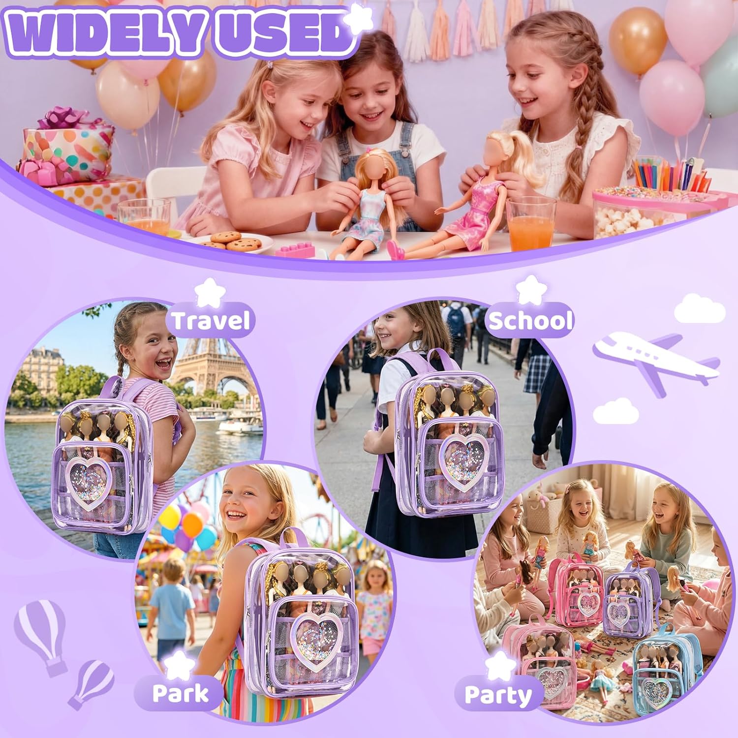 Backpack Compatible with Barbie Dolls 12-Inch, Transparent Storage Box, Barbie Doll Display Holds up to 6 Dolls, Display Pockets for Doll’s Clothes, Accessories, Bag Only (Lavender)