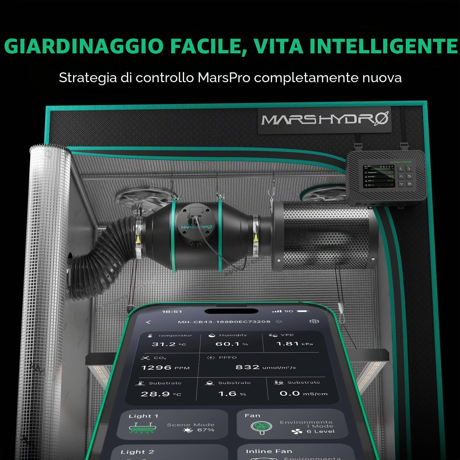 MARS Hydro Kit Filtrazione Aria Intelligente 10cm, Ventilatore Inline con Controllore Temp/Umid iControl, Controllo Remoto App, Filtro Carbonio, Sistema Ventilazione Tenda Coltivazione Idroponica