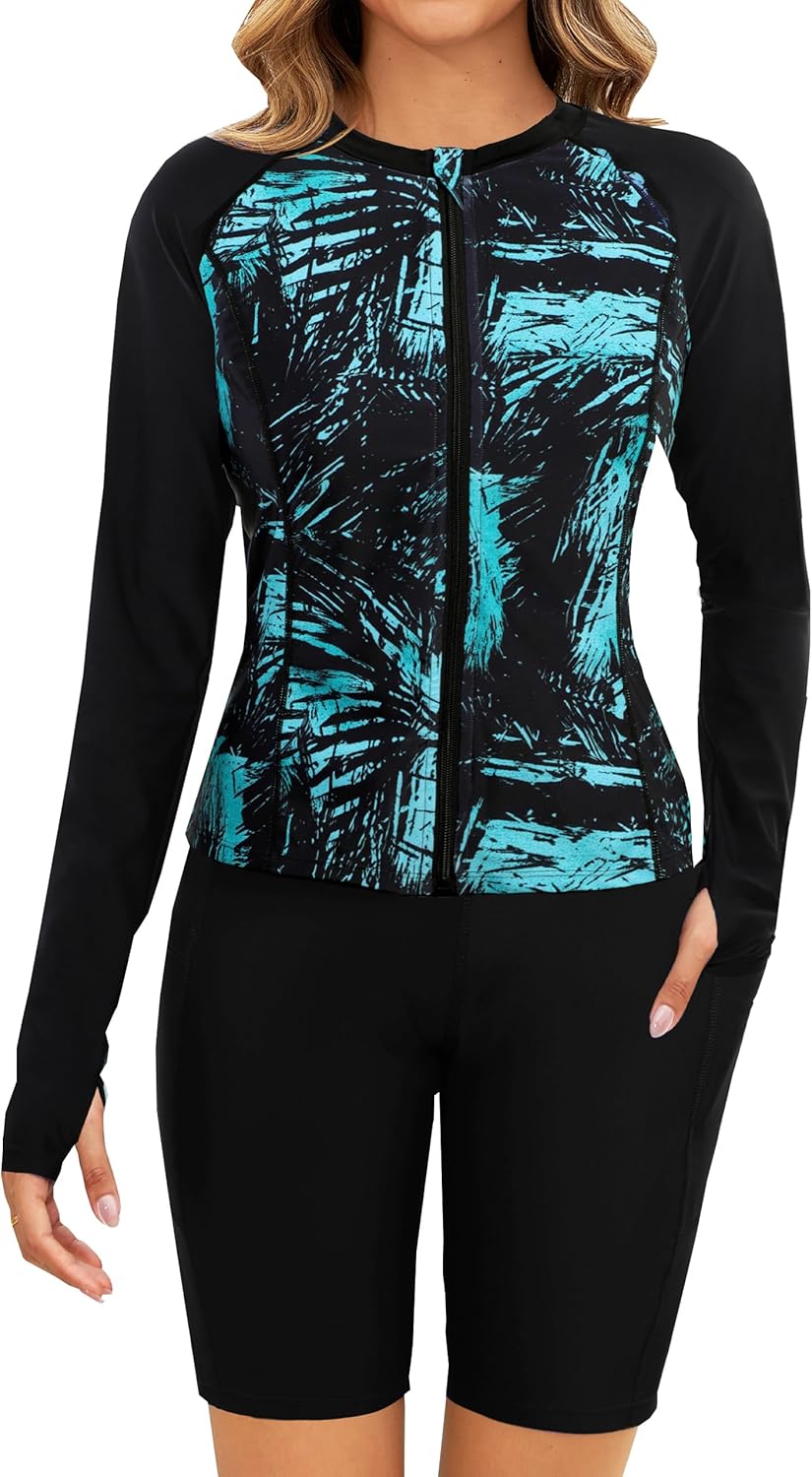 Arolina Womens Rash Guard Long Sleeve Swim Shirts Swimsuit 2026 Bathing Suit with Womens Swim Shorts & Two Pockets - Image 2