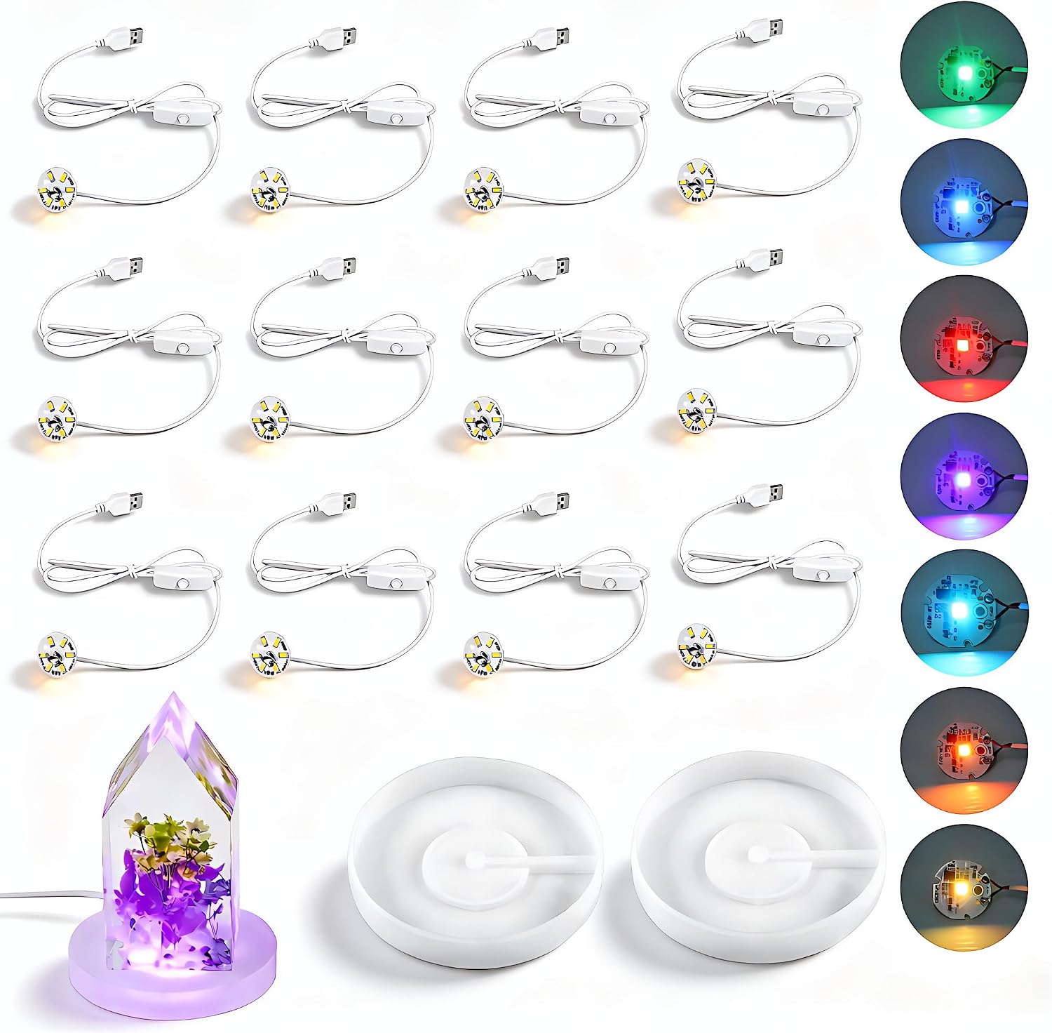 2Pcs Round Resin Light Base+12 Pcs USB Powered LED Light Kit(Warm Light)