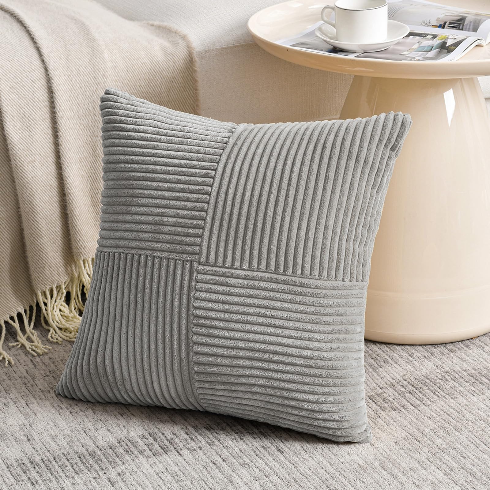 FDTERN Grey Big Decorative Throw Pillow Covers 24x24 Inch for Living Room Couch Bed Sofa, Rustic Farmhouse Boho Home Decor, Soft Corss Corduroy Patchwork Accent Square Gray Cushion Covers 60x60 cm — image 1