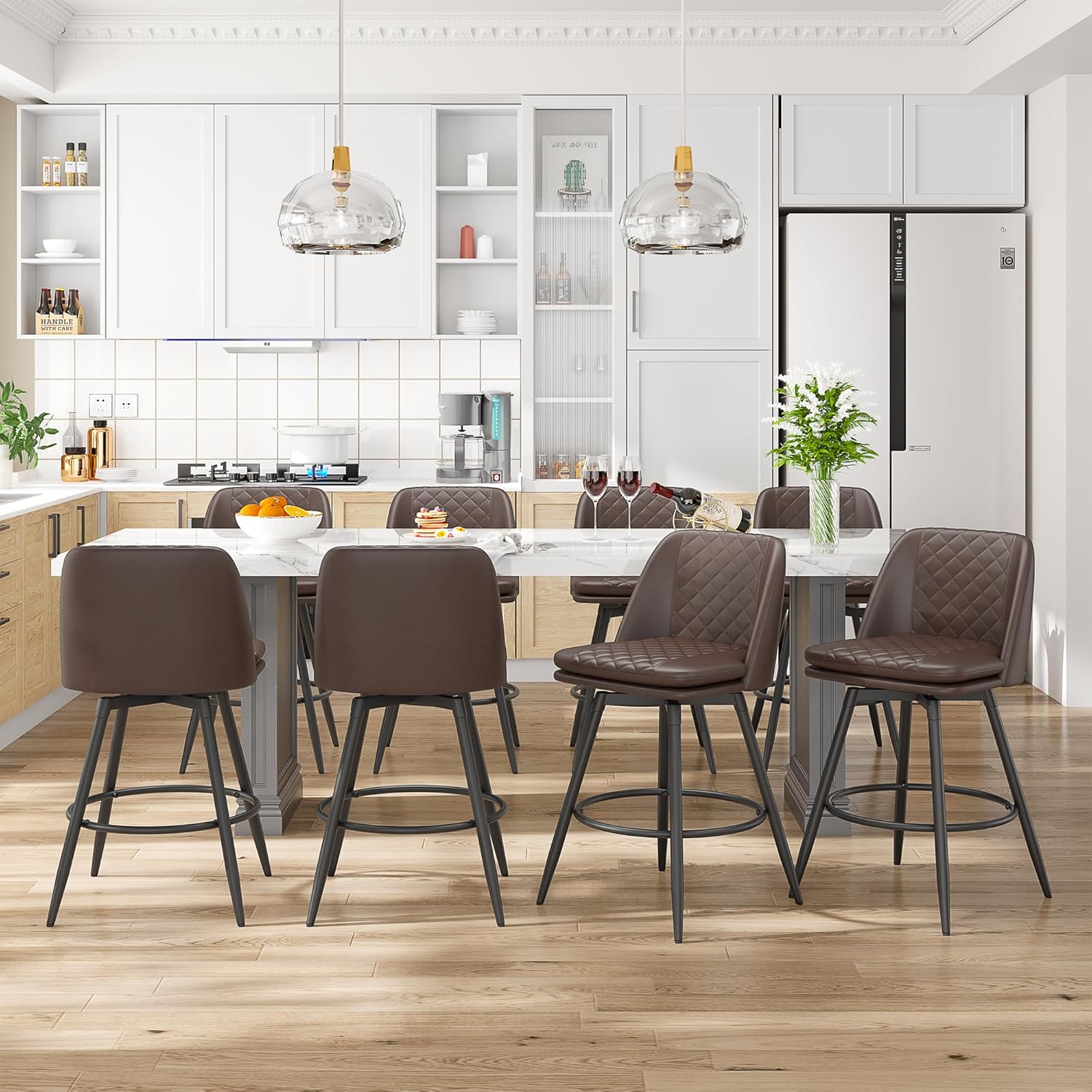 YaFiti Swivel Bar Stools Set of 2, 26" Counter Height Upholstered Faux Leather Barstools, Bar Chairs with Back and Footrest for Bar, Kitchen Island, Dining Room, Brown