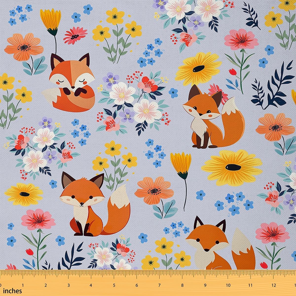 Erosebridal Kawaii Fox Fabric by The Yard,Colorful Wildflowers Upholstery Fabric,Botanical Animal Decorative Fabric,Cartoon Floral Indoor Outdoor Fabric for Kids, Orange Yellow, 10 Yard