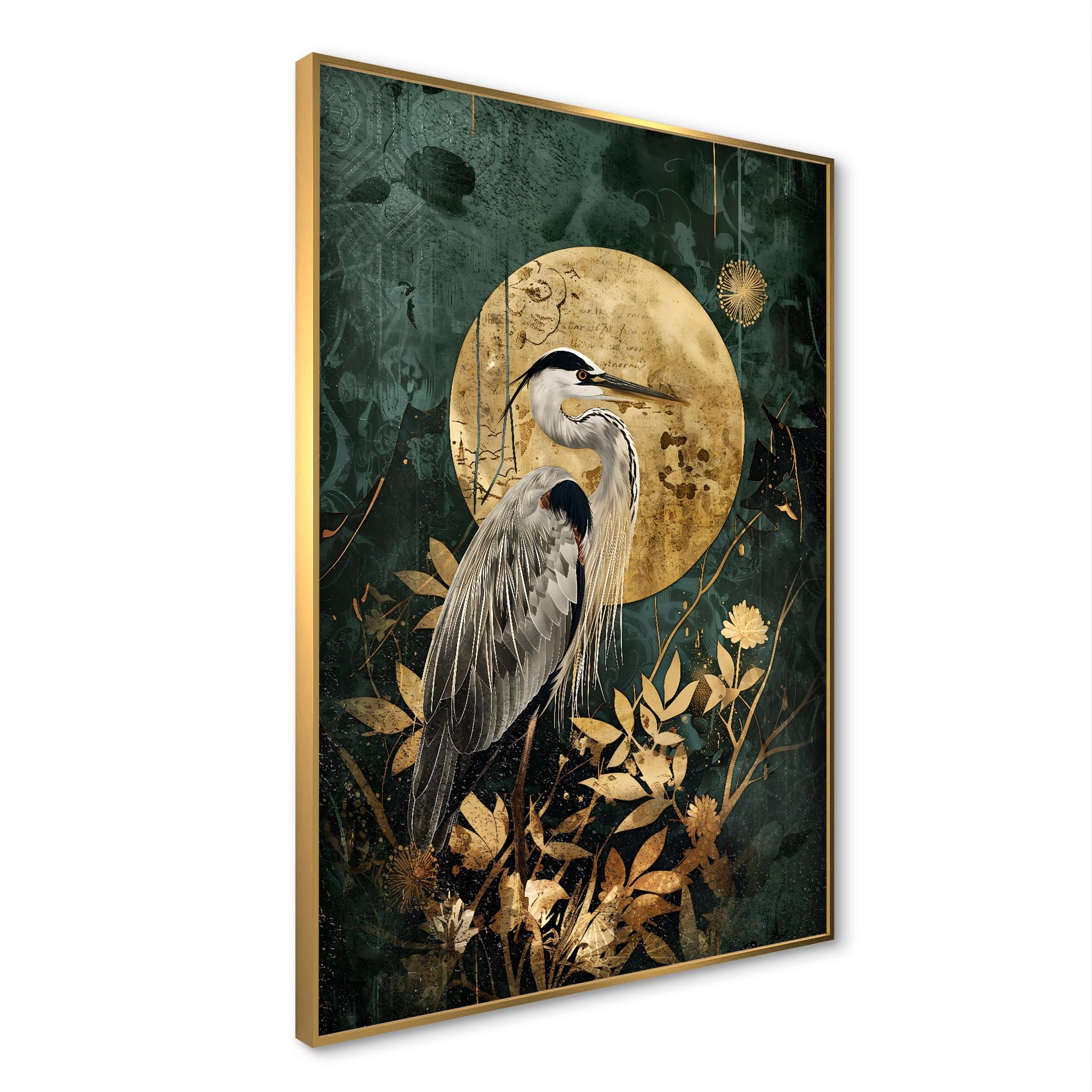 STYLER Bild Golden Sun 50x70 cm mit goldenem Rahmen – Luxuriöses Wandbild für Ihr Zuhause – Reiher Gold Dunkelgrün Modern Minimalistisch Deko