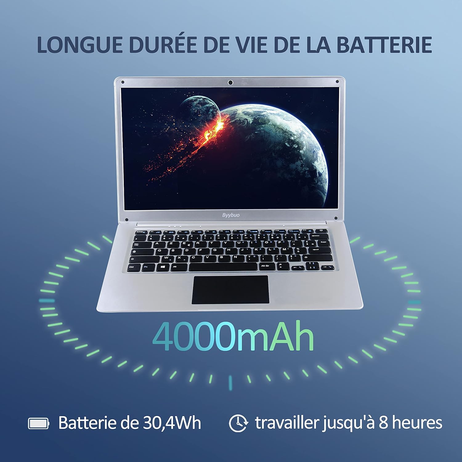 BYYBUO Laptop 14,1 pollici Full HD, Processore Intel Celeron, RAM 4GB EMMC 64GB SSD 128GB, Windows 11 PC, WiFi, USB 3.0, BT 4.0, Azerty Tastiera French, Silver French, Silver