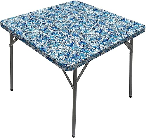 Mantel cuadrado elástico floral, arte de cerámica turca con hojas naturales, para mesa de comedor, se adapta a mesas de 24 x 24 pulgadas, para