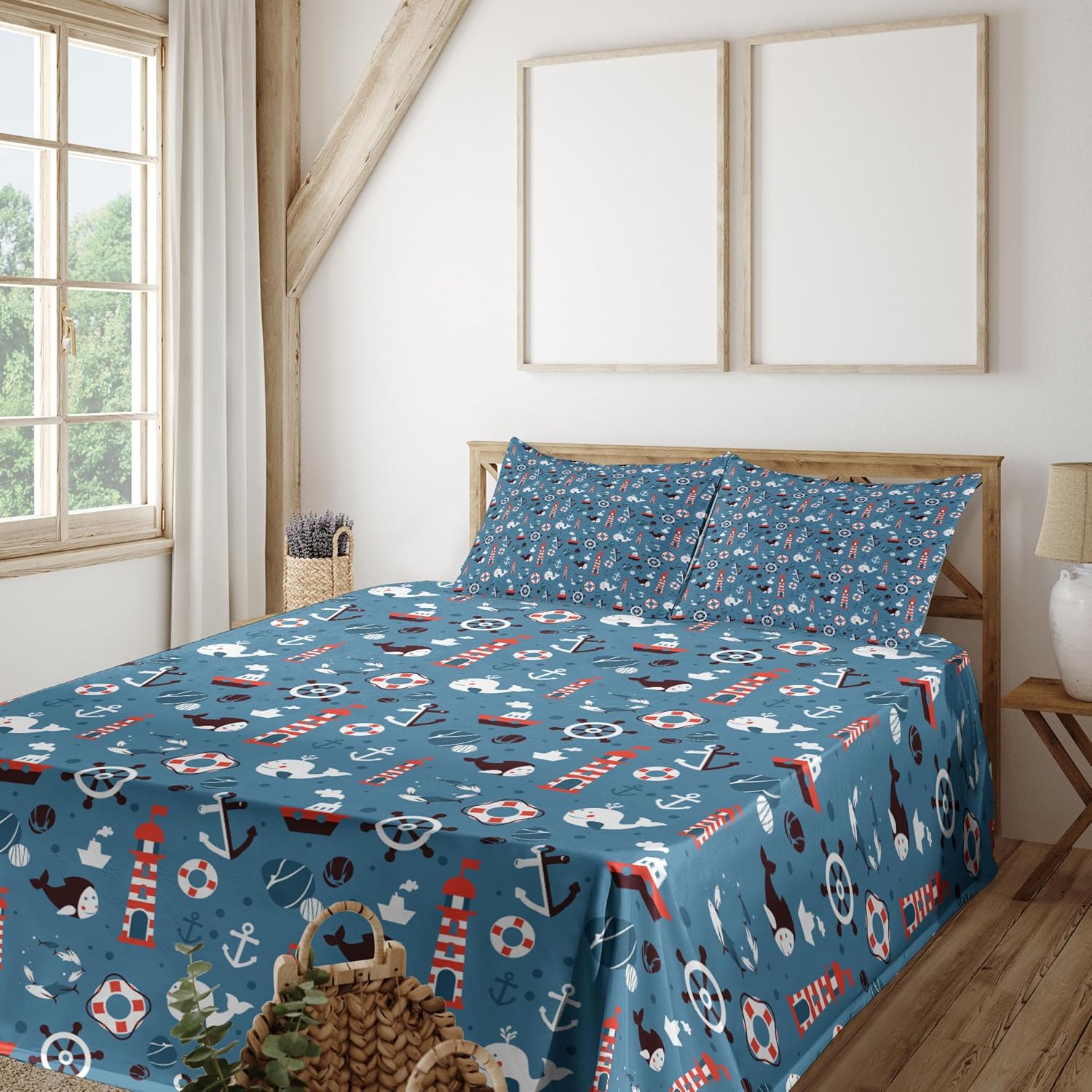 Ambesonne Vintage Boat Sheet Set, Doodle Nautical Pattern with Yacht Anchor Dolphin Lighthouse, Fitted and Flat Sheet with Pillowcases Bedding Accent 4 Piece Set, Full, Seal Brown