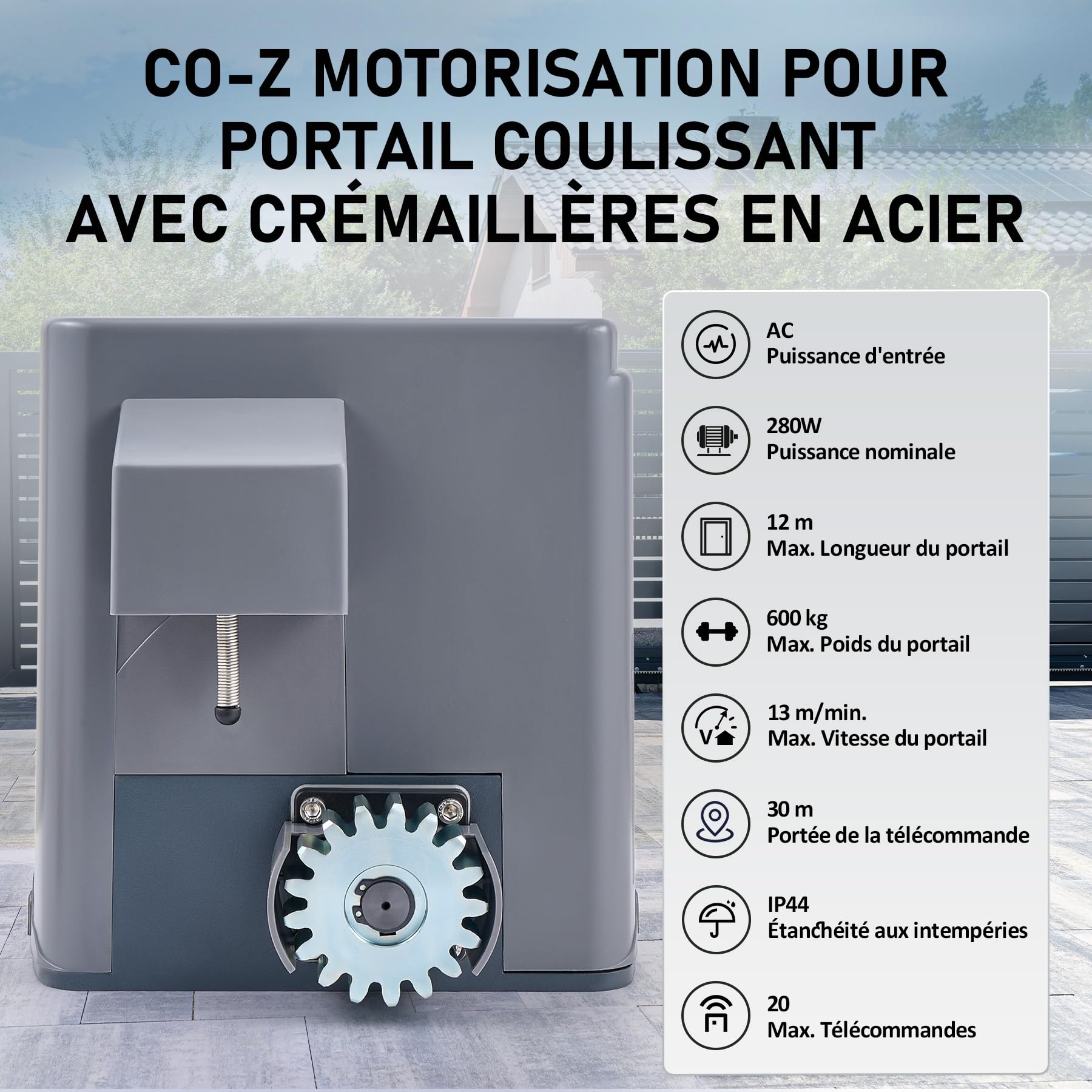 CO-Z Motorisation Portail Coulissant 600 kg 12 m, Kit Automatisme Électrique 280W 220V avec 2 Télécommandes, Photocellules Infrarouges & Crémaillères 4M (IP54)