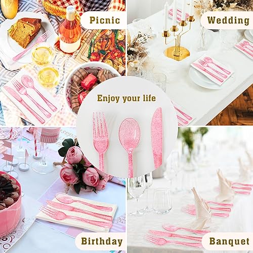 Miniatura 7 de Juego de 300 piezas de cubiertos de plástico rosa resistente - Juego de cubiertos de plástico rosa - Incluye 100 tenedores, 100 cucharas y 100