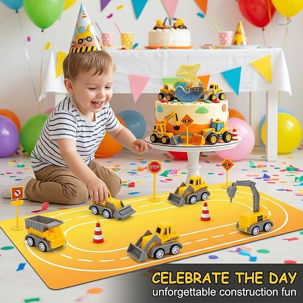 Decoration Gateau Chantier 3 Ans, Deco Gateau Anniversaire Pelleteuse Garçon 3er, Chantier de Construction Miniature Deco Gteau Cake Cupcake Topper pour Enfant Fille Garçon Anniversaire - 2