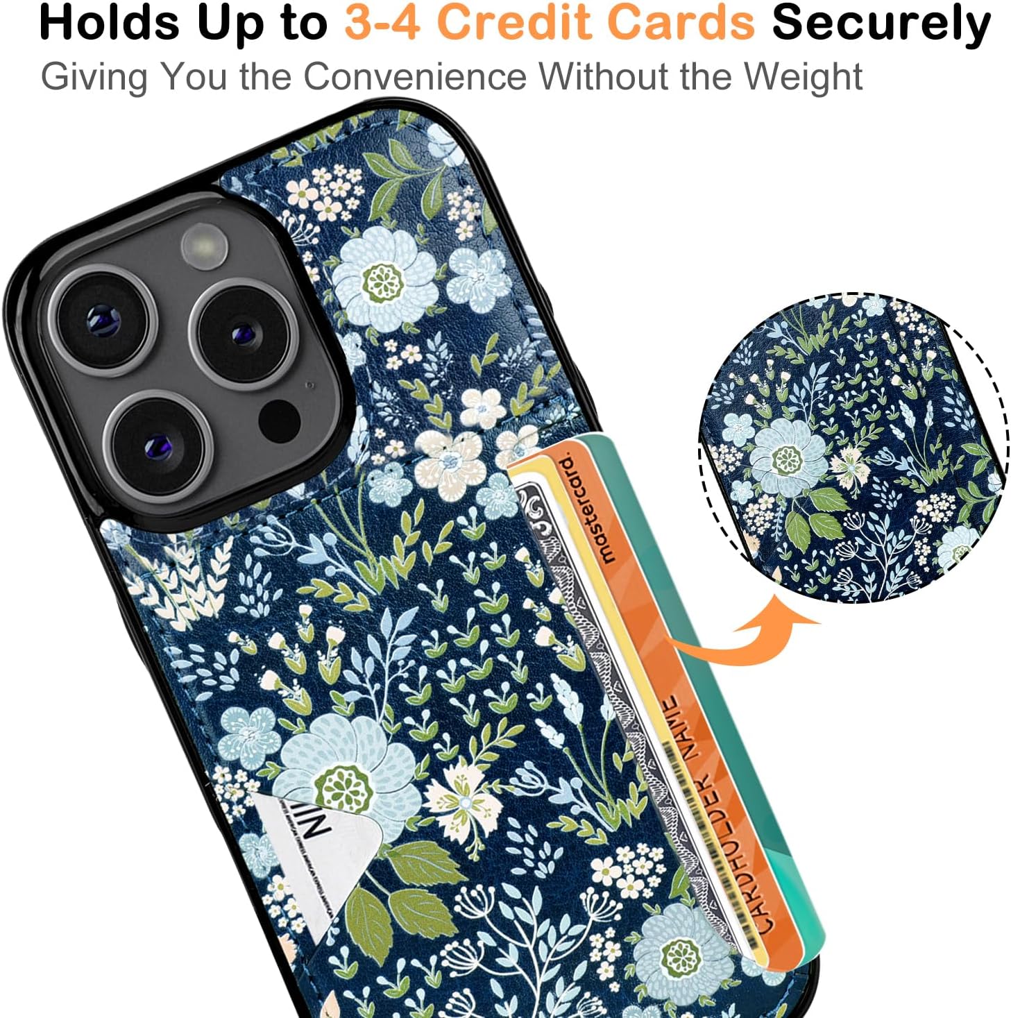 uCOLOR for iPhone 16 Pro Case with Card Holder- Slim Leather Wallet Case Credit Card Holder Moneymate Protective Hidden Card Slot Cover for Women Man 6.3"(Blue Daisy, iPhone 16 Pro) - Image 3