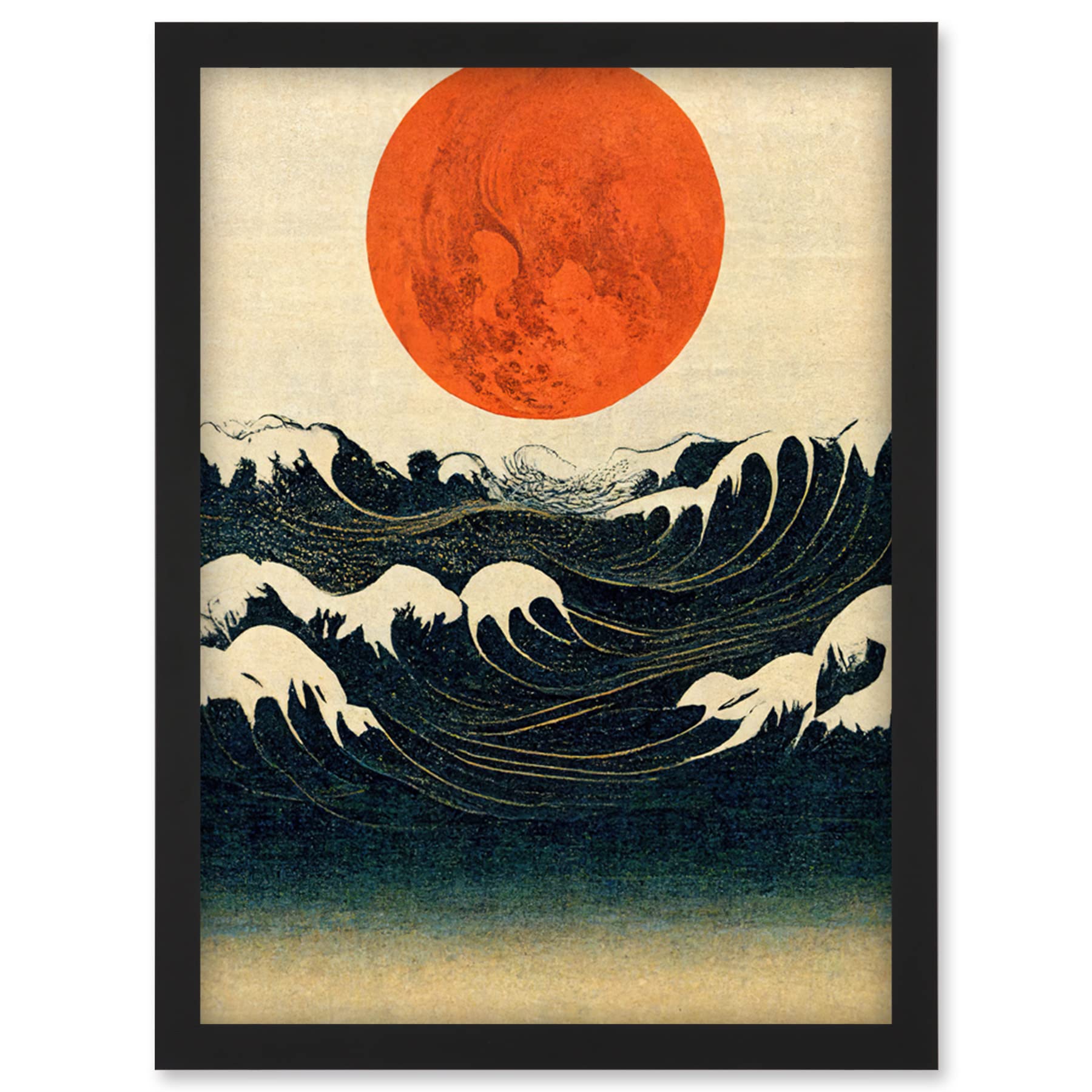 Orange Moon Over Ocean Waves Ukiyo-e Framed Art Print A4 - Artery8