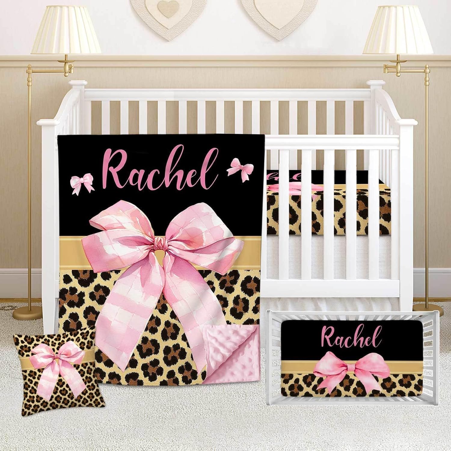 Personalized Baby Girl Crib Bedding Set with Name – Custom 3 Piece Pink Bow with Leopard Nursery Set, Minky Dot Blanket, Fitted Crib Sheet & Pillowcase – Gift for Newborn Infant Toddler