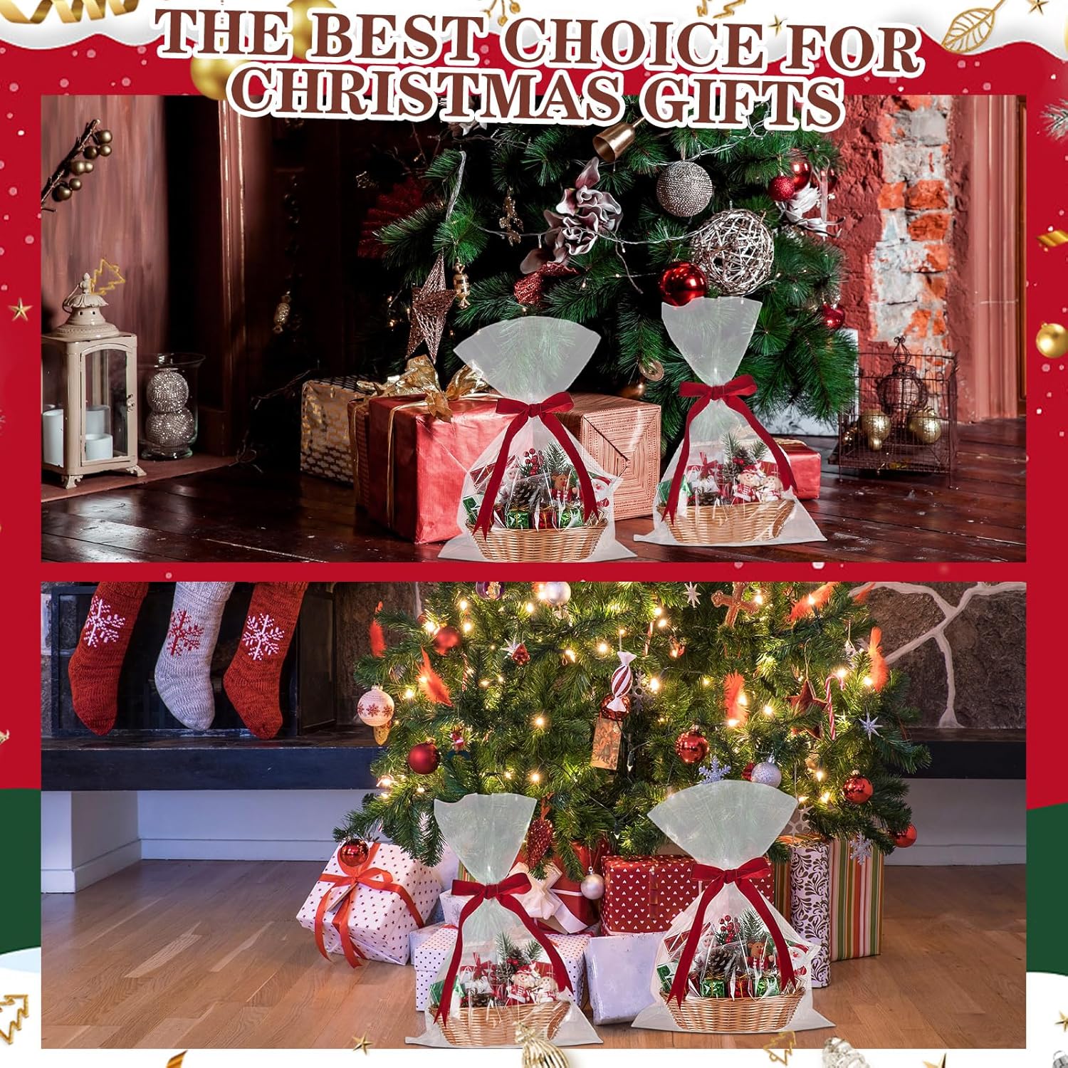 Jetec 12 Pcs Baskets for Gifts Empty Bulk Small Woven Oval Fruit Food Basket 9 x 6 x 2.2 Inches with Red Velvet Ribbon and 30 Clear Gift Bags for Kitchen Restaurant Wrapping Presents for Valentine