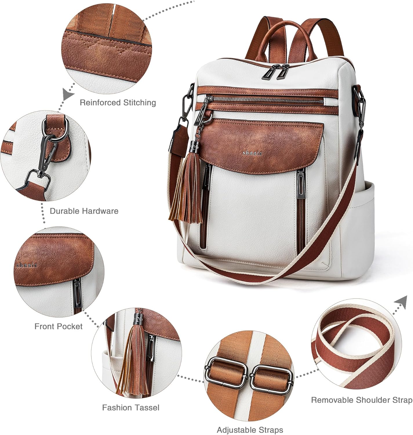 Shrrie Backpack Purse for Women Fashion Leather Backpack Purse Designer Travel Backpack Convertible Shoulder Bag with Wristlet - Image 5