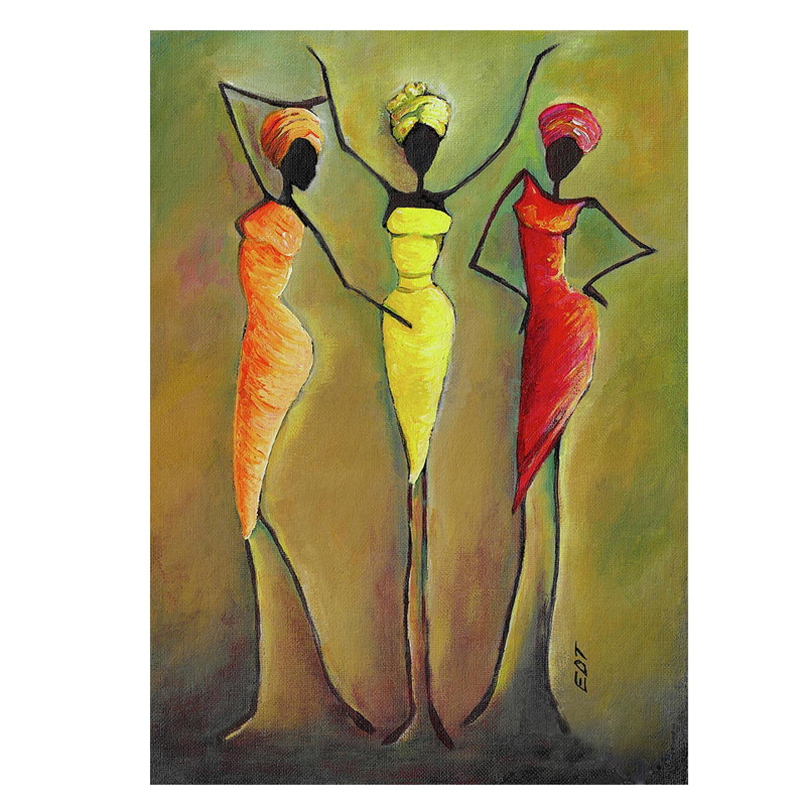 Tableau Art 3 Pièces Femmes Africaines Danse - Peinture Abstraite Toile Sans Cadre 40x100cm