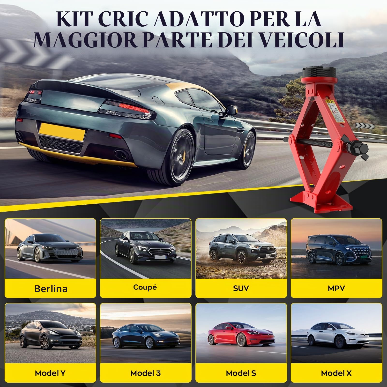 IMAYCC Cric Per Auto 2.5T, Cric Auto Con Universale Tampone In Gomma, 2500KG Cric Portatile Per Auto Con Chiave Per Dadi Ruota,Kit Emergenza Auto Per SUV MPV Tesla 3/Y/S/X Manutenzione e Riparazione