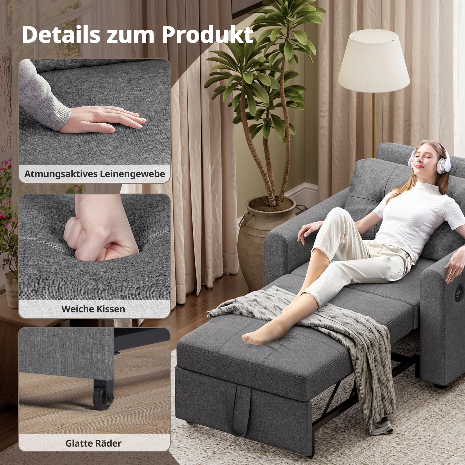 Schlafsofa 190×84cm mit USB & Typ-C-Anschluss, 3-in-1 Schlafsessel, Sofa Bett, Verstellbare Rückenlehne, 3 Winkel, Mit Seitentasche, Ideal für Wohnzimmer Wohnungen, Grau