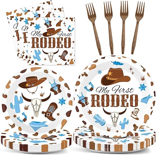 96 piezas de suministros para fiesta de cumpleaños My First Rodeo, platos de papel, servilletas, vaquero azul occidental, primera fiesta de rodeo,