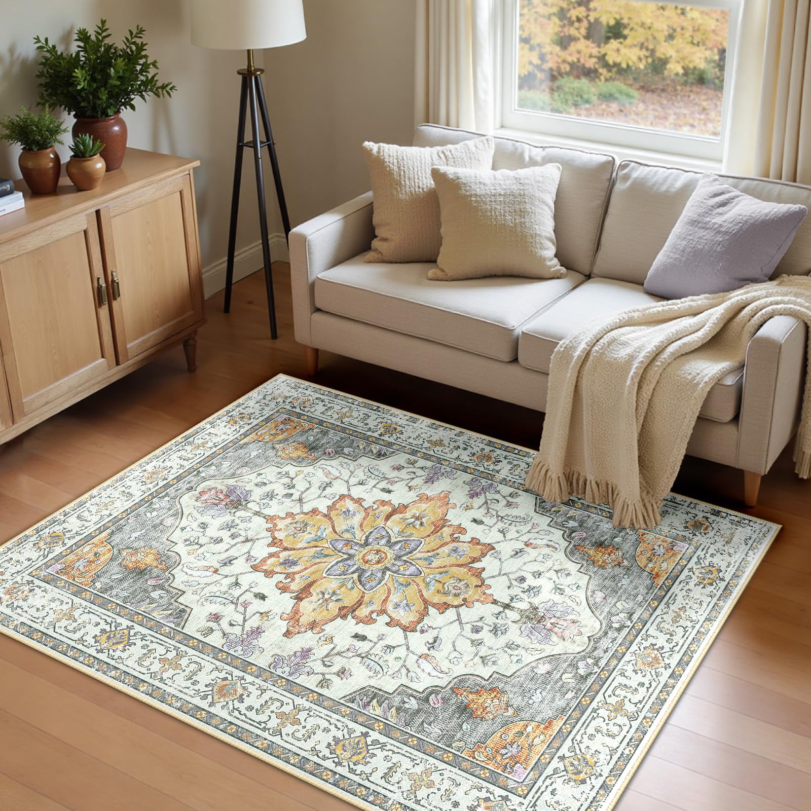 INOVADAY Machine Washable Rugs 120x180 cm Vintage Area Rug Low Pile Anti-Slip Carpet with Print Pattern for Living Room Bedroom Home Office Indoor Yellow/Grey/Orange/Purple — image 1