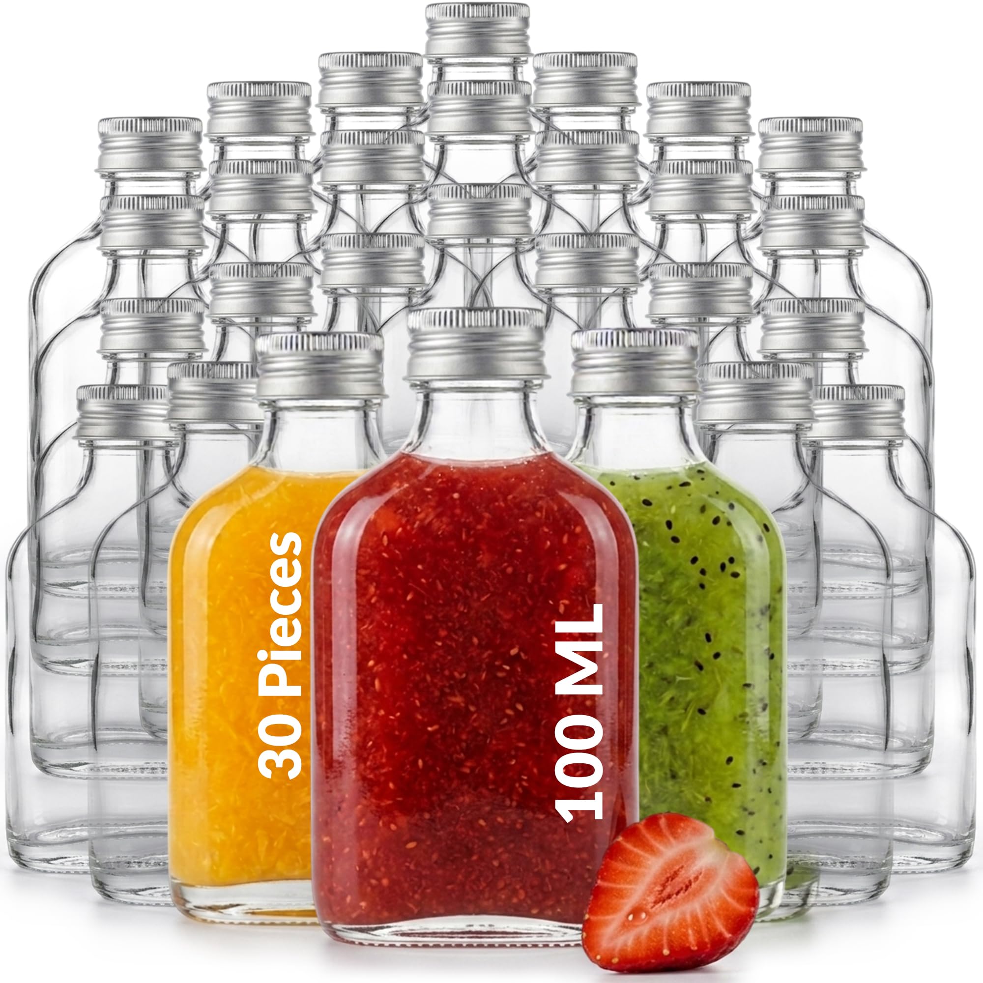 Casavetro Red 100Ml Glass Flask Bottles With Screw Tops 30 Pcs Reusable Twist-Off Lids Airtight Glass Bottle For Home Made Sloe Gin Liqueur Schnapps Wine Cider Soda Vodka Cider - Tasche (30 X 100 Ml)