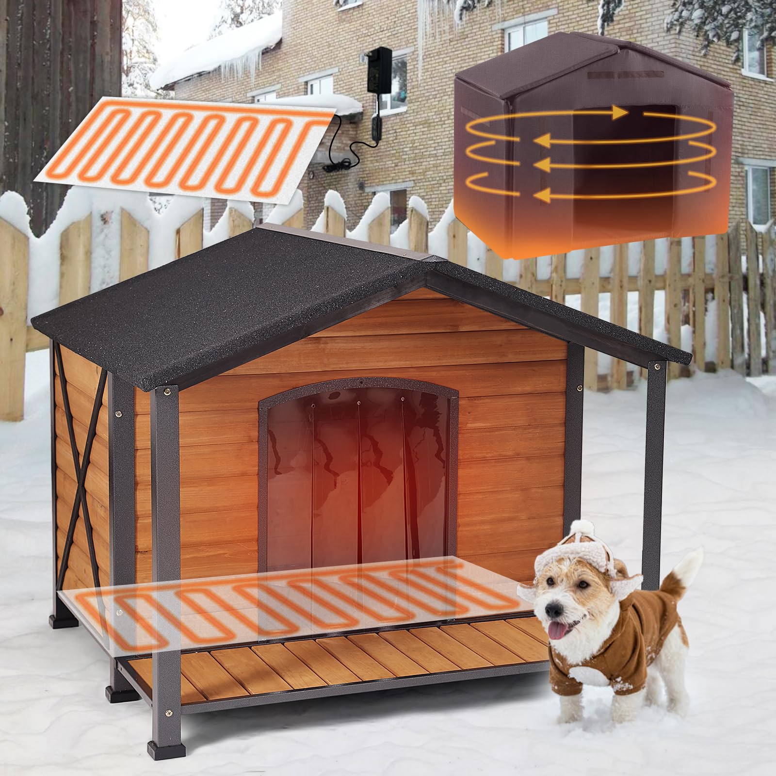 Heated Dog House Outdoor with Insulated Liner,Weatherproof Wooden Dog Shelter for Medium and Large Sized Dogs,Iron Frame Indoor Outdoor Kennel,Pets