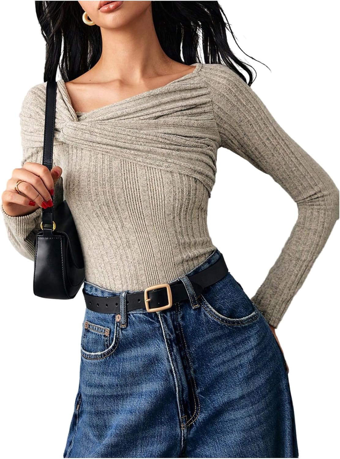 SweatyRocks Women's Twist Front Slim Fitted Tops Ribbed Knit Winter Pullover Sweater - Image 3