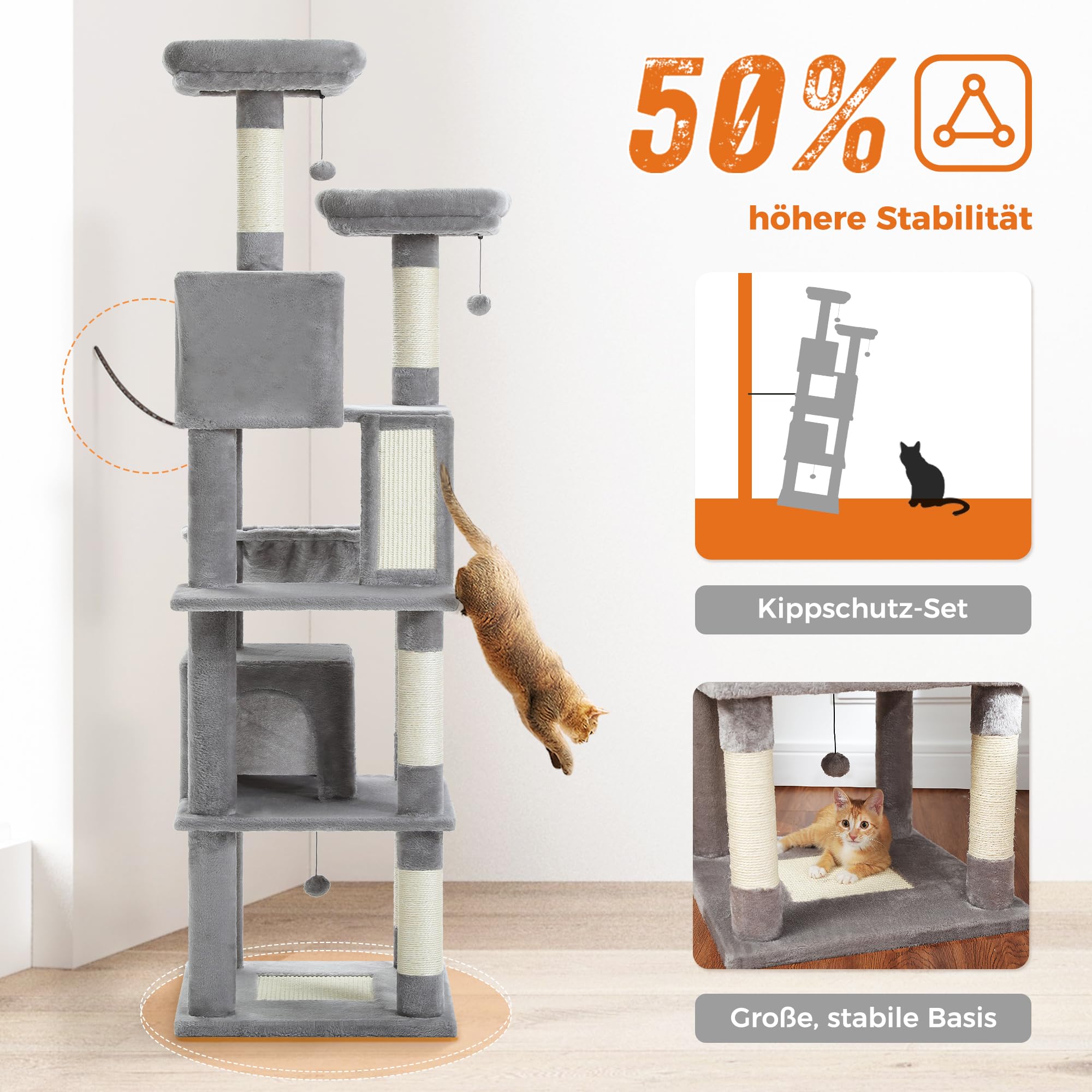 PETEPELA 180cm Kratzbaum groß, Multi-Level Katzenbaum für große Katzen, mit 6 Sisalsäule, 2 Kratzbrettern, 2 Plattformen, 1 Hängematte, 2 Spielbälle, Plüsch-Stoff, grau