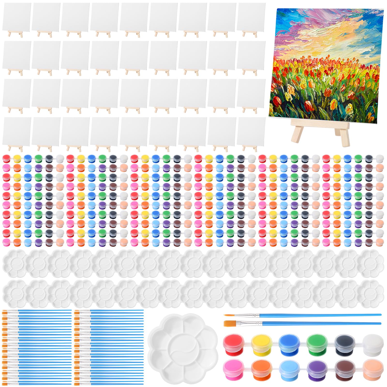 Photo 1 of Qilery 36 Set 6 x 6 Inch Mini Canvas Boards with Easel Painting Kit, Acrylic Paints Strips, Brushes, Palette, Oil Art Set for Acrylic Birthday Party Favors